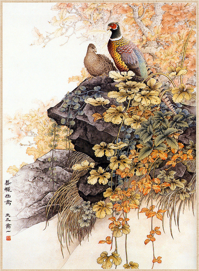 осенние фазаны - япония, птицы, живопись, осень - оригинал