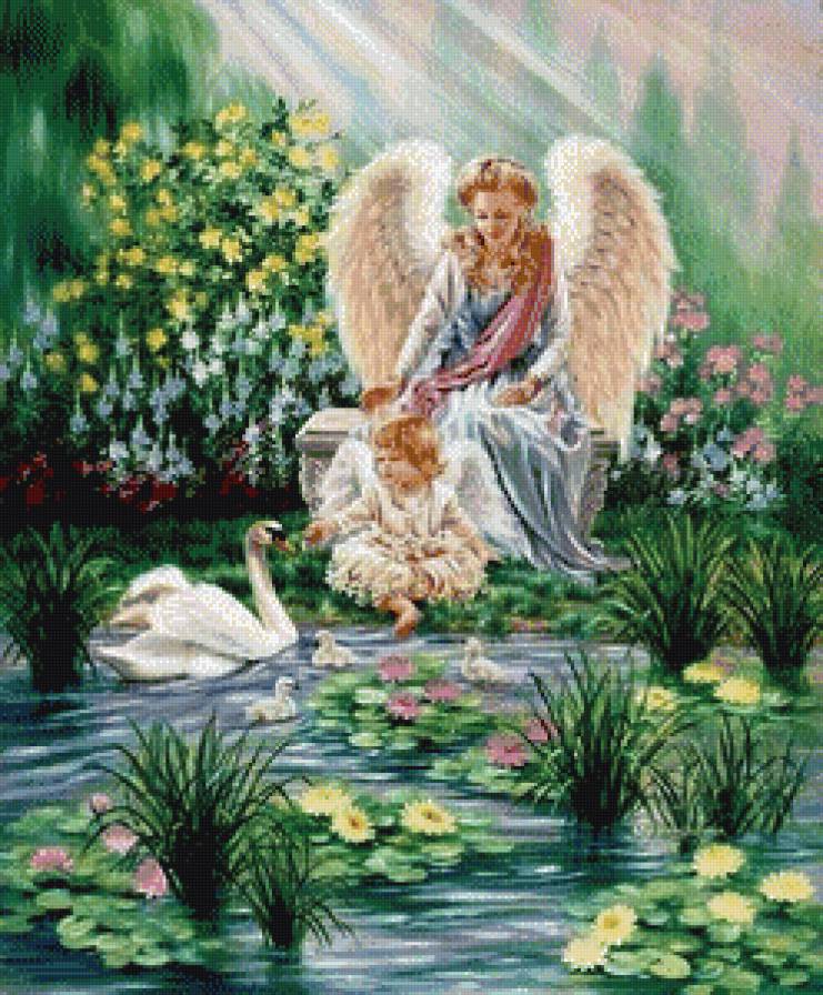 ангелы у пруда - ангел, природа, лебеди - предпросмотр