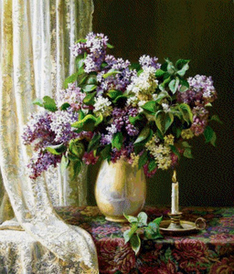 натюромрт с сиренью - натюрморт, свеча, сирень - предпросмотр