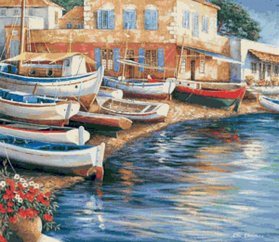 Пристань - живопись, пристань, море, лодки, пейзаж, лето - предпросмотр