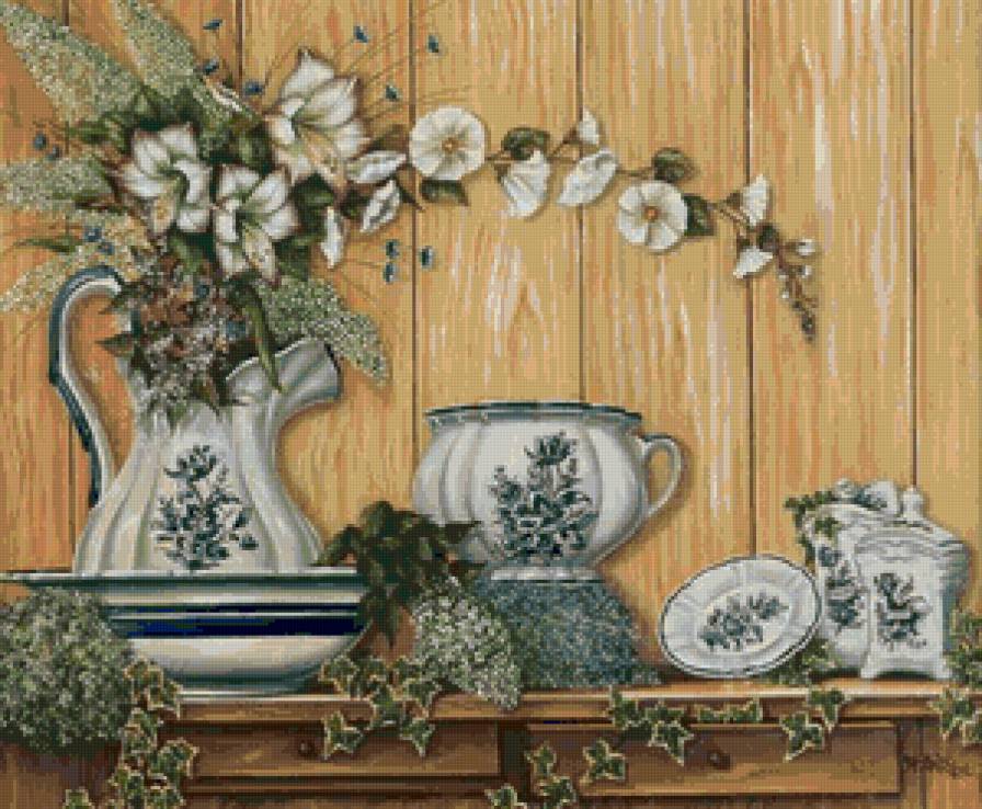 Натюрморт с плющом - посуда, картина, натюрморт, кувшин, вазы - предпросмотр