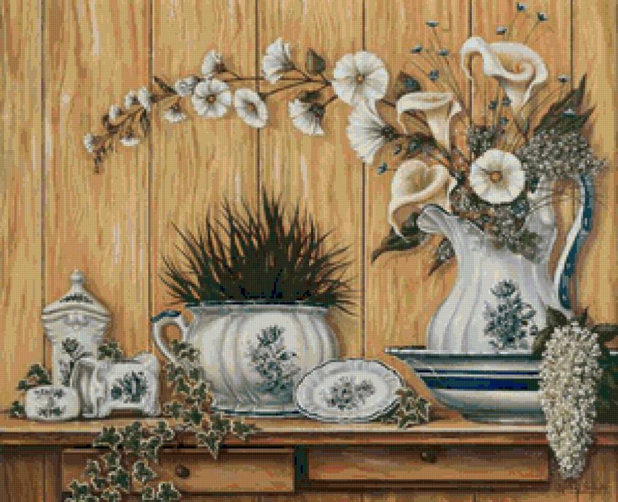 Натюрморт с плющом 2 - кувшин, вазы, посуда, натюрморт, картина - предпросмотр