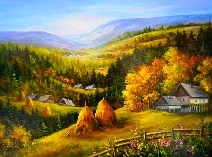 картины художницы Анка Булгари - осень в деревне - оригинал