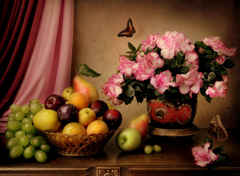 фруктово-цветочный натюрморт - фрукты, натюрморт, цветы - оригинал