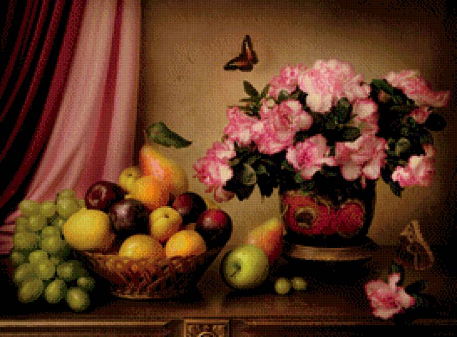 фруктово-цветочный натюрморт - фрукты, натюрморт, цветы - предпросмотр
