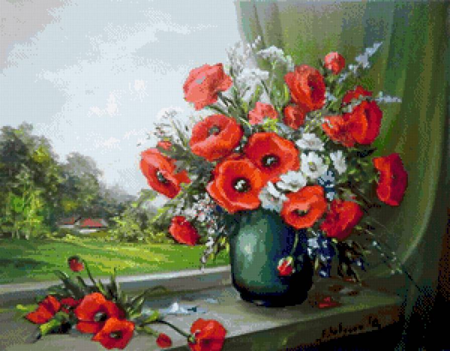 картины художницы Анка Булгари - маки на окне - предпросмотр