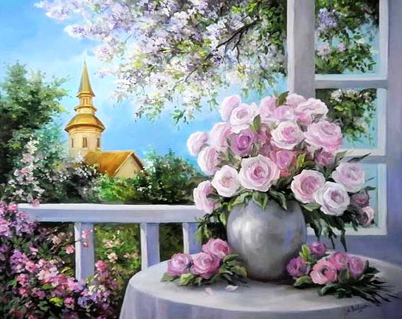картины художницы Анка Булгари - розы на столе, цветущий сад, церковь вдали - оригинал