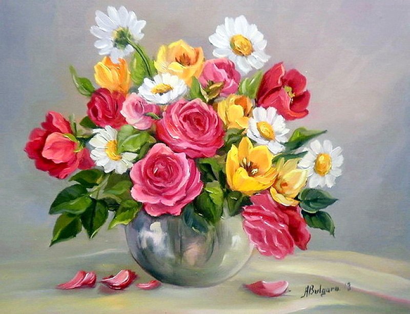 картины художницы Анка Булгари - розы, ромашки и тюльпаны в вазе - оригинал