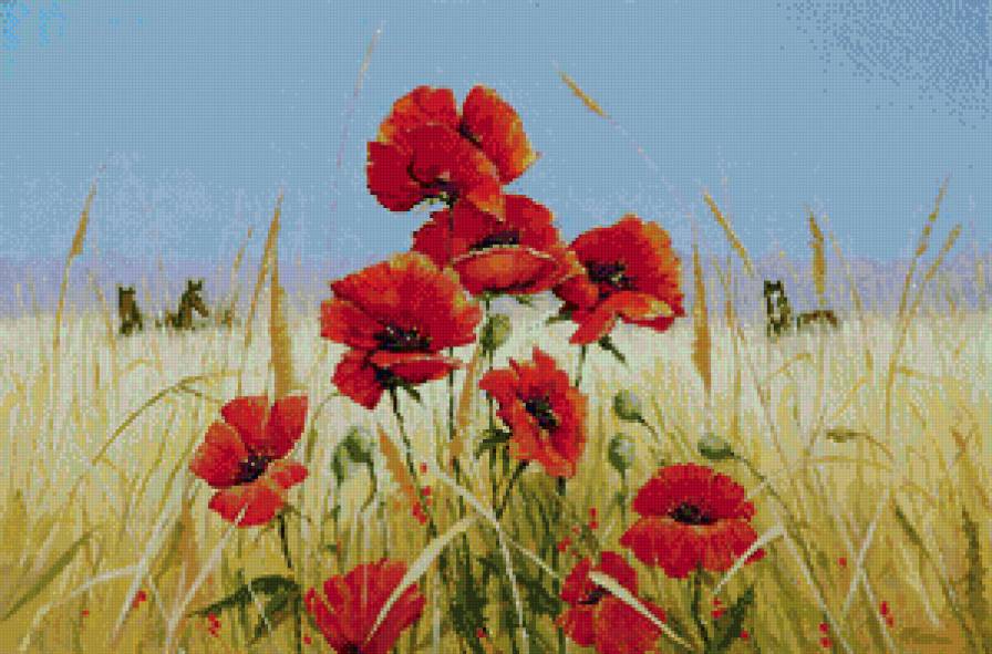 в поле (картины художников) - маки, поле, лошади - предпросмотр