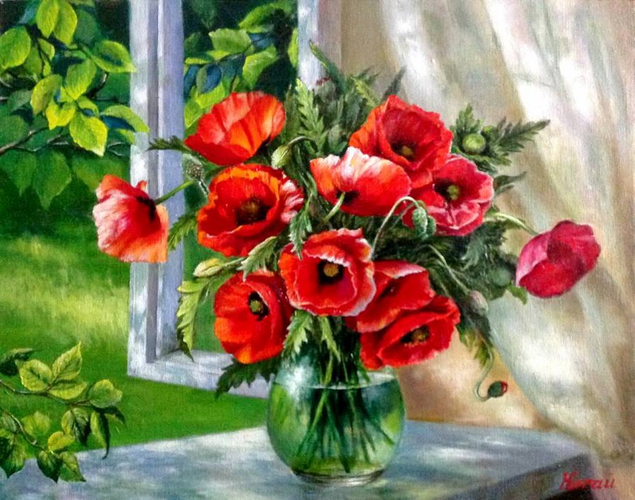 маки на окне - цветы - оригинал