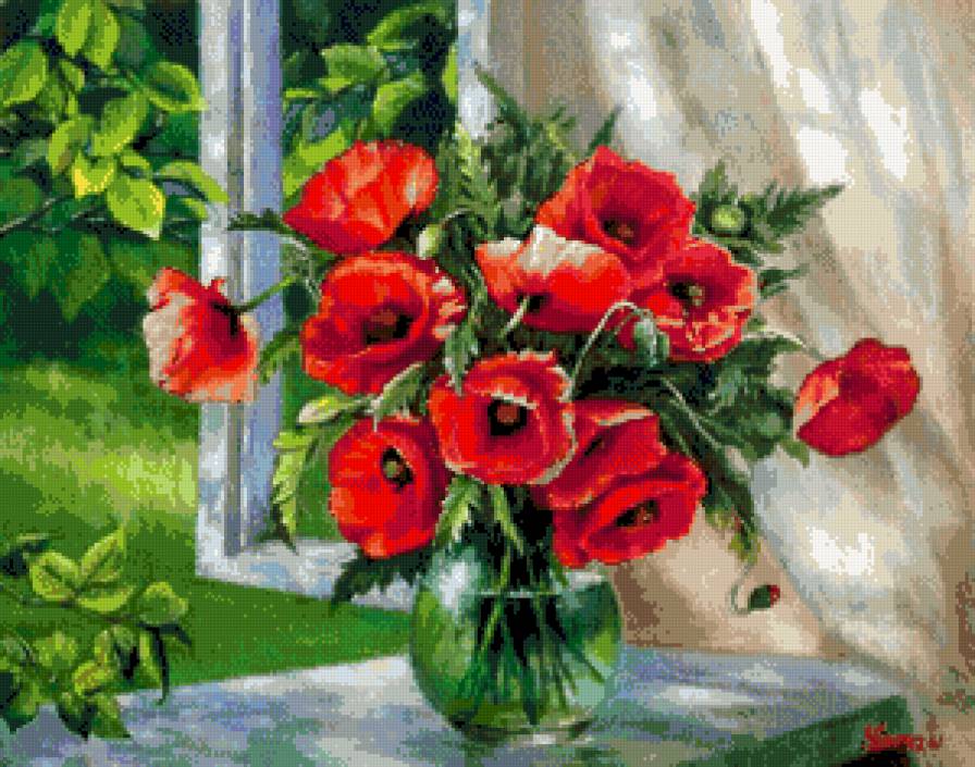 маки на окне - цветы - предпросмотр