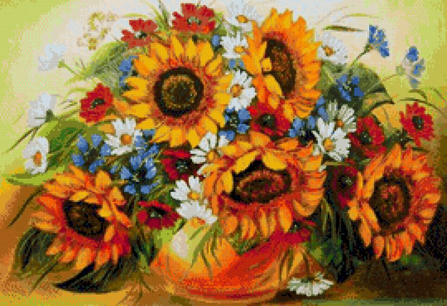 полевой букет с подсолнухами - васильки, ромашки, подсолнухи - предпросмотр