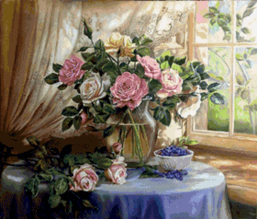 натютморт - ягоды, розы - предпросмотр