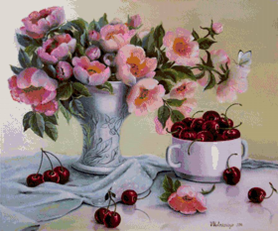 художник Валентина Валевская - натюрморт пионы и черешня - предпросмотр