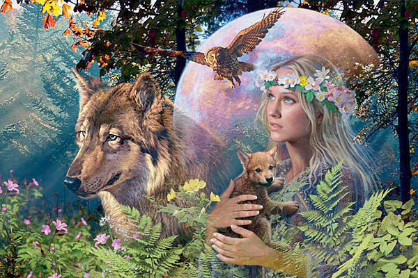 Девушка с волчонком - волк, девушка, волчонок, луна - оригинал