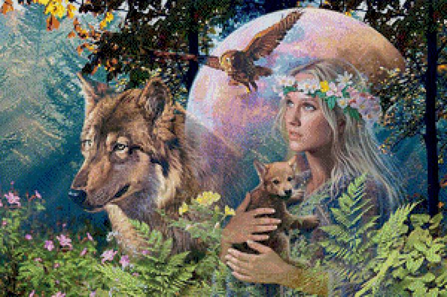 Девушка с волчонком - луна, волк, девушка, волчонок - предпросмотр