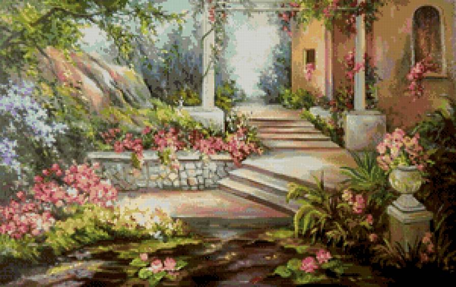 дворик, картина художницы Анка Булгари - двор, дом, деревья, цветы - предпросмотр