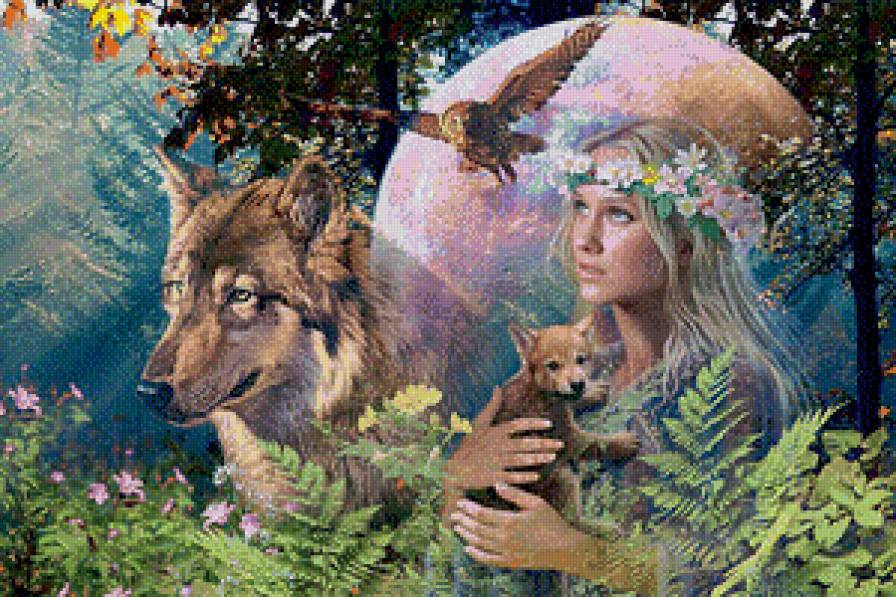 Девушка с волчонком - девушка, волчонок, луна, волк - предпросмотр