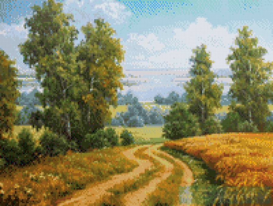 русские просторы - дорога, березы, деревья, поля - предпросмотр