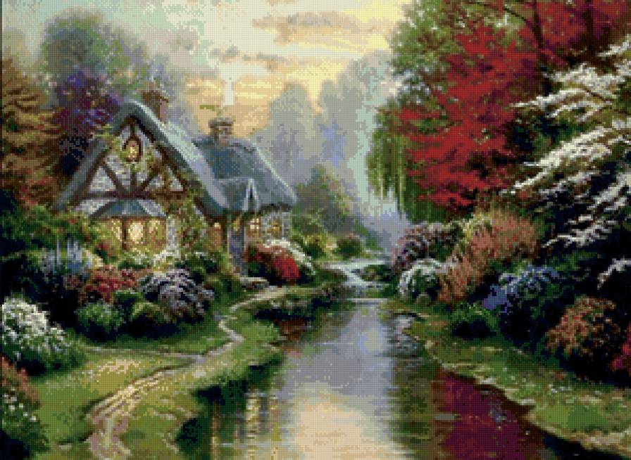 сказочные картины художников - цветы, дом, река, деревья - предпросмотр