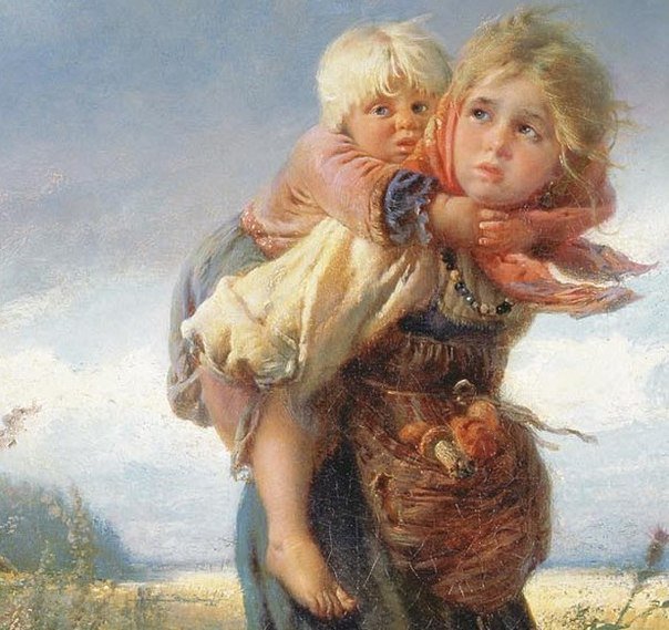 Дети бегут от грозы - дети, лфктина - оригинал