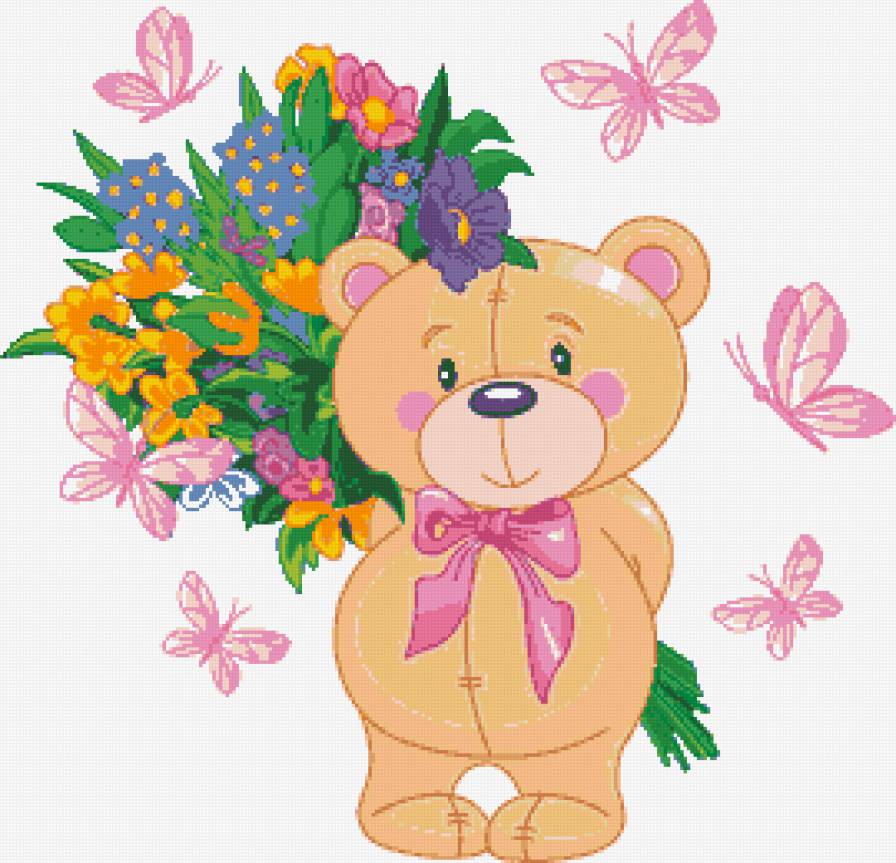 Мишка с букетом - цветы, букет, мишка, схема для вышивания, вышивка - предпросмотр