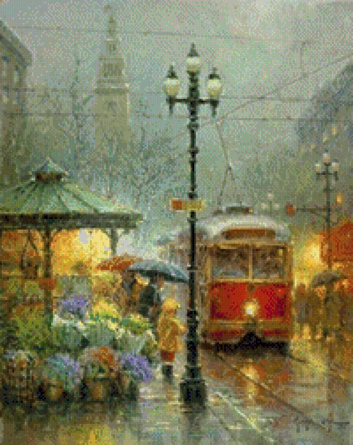 город - трамвай, дождь, улица, город - предпросмотр