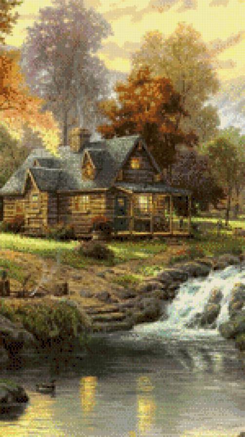 Деревенский пейзаж - пруд, деревенский пейзаж, домик, вода - предпросмотр