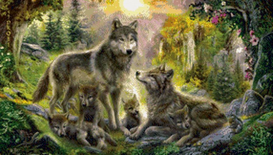 Волчья семья. - пара, преданность, волчата, символ, волки, семья - предпросмотр