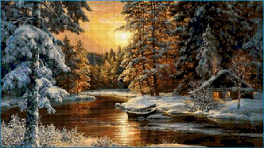 зимний вечер - зима, зимний пейзаж, зимняя река, вечер, зимний лес - предпросмотр
