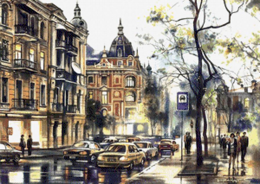 Городской пейзаж - городской пейзаж. улица, картина, люди, живопись, город - предпросмотр