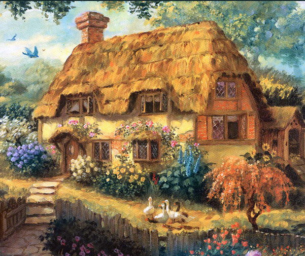 Домик - цветы, гуси, дом, желтый, коричневый - оригинал