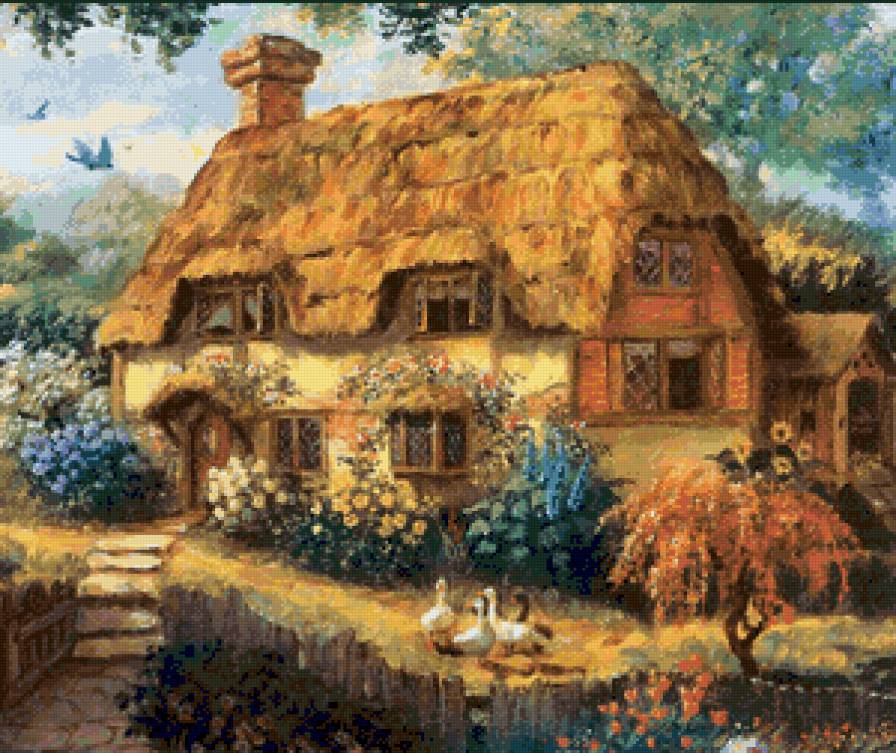 Домик - дом, цветы, желтый, коричневый, гуси - предпросмотр