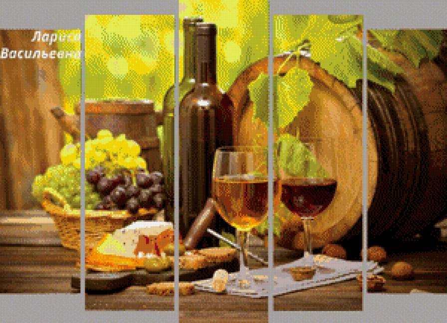 натюрморт с вином и виноградом - натюрморт, виноград, модульная картина - предпросмотр