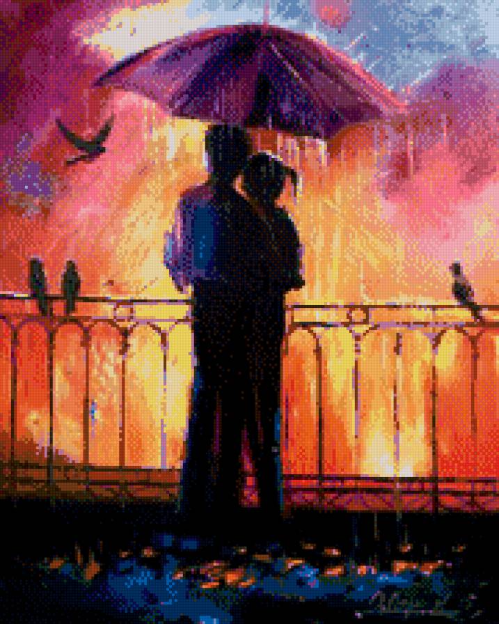 влюбленные под дождем - любовь, живопись, картина, искусство, пара, дождь - предпросмотр