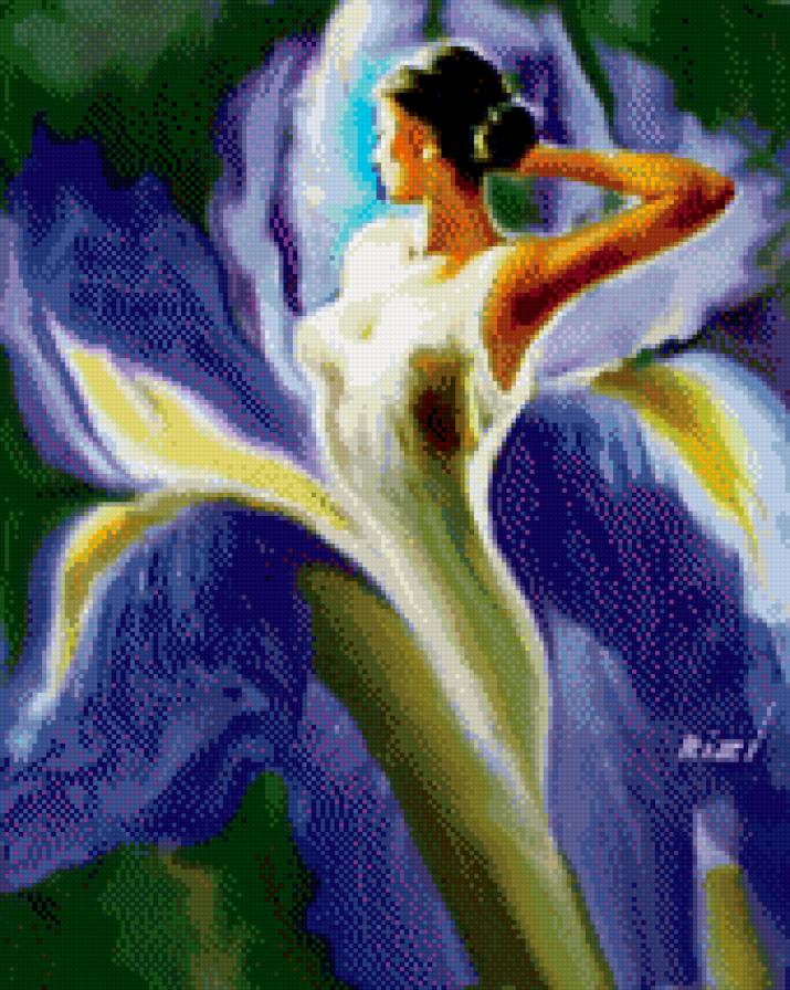 iris - цветы, искусство, живопись, картина, фэнтези, девушка - предпросмотр