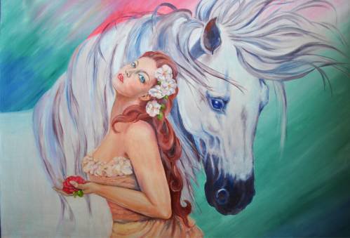 Анжелика и белый конь - животные, девушка, картина, искусство, живопись - оригинал