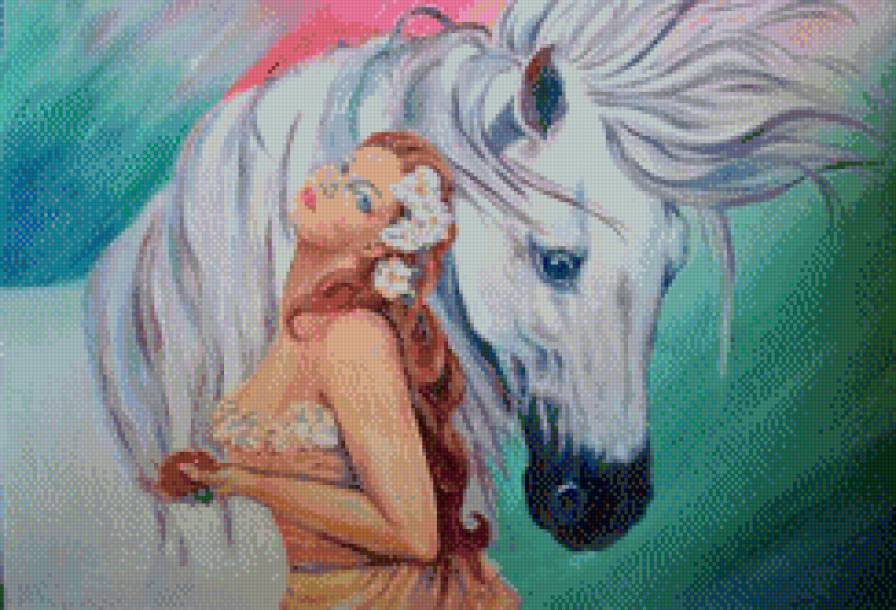 Анжелика и белый конь - картина, искусство, животные, живопись, девушка - предпросмотр