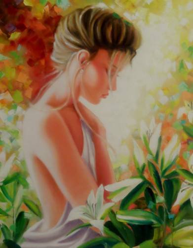 утро в саду - искусство, картина, девушка, живопись - оригинал
