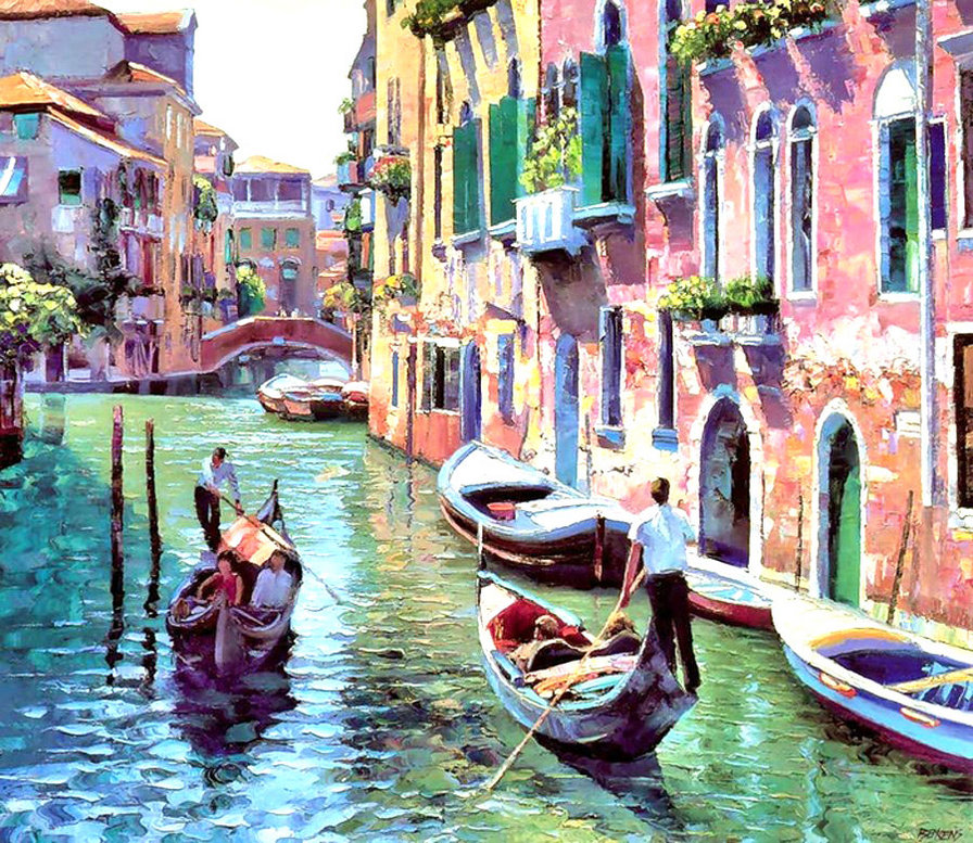 Венеция, - город, картина, венеция, жив, вода, улочка. лодка солнечный день - оригинал