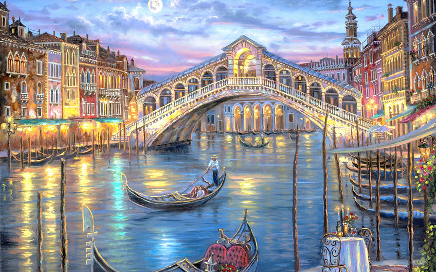 Венеция - улочка. лодка солнечный день, венеция, вода, город, жив, картина - оригинал