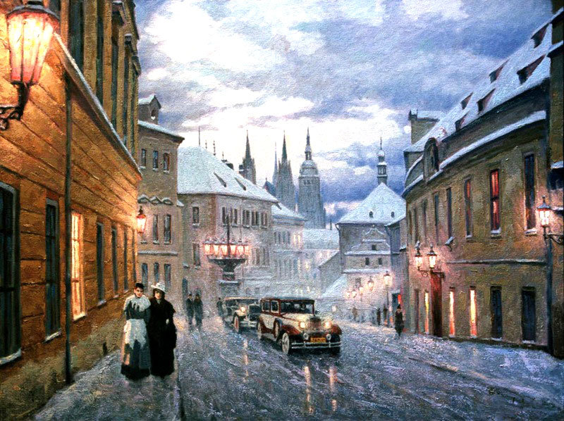 Старый город - город, зима, картина, люди, улица, живопись - оригинал