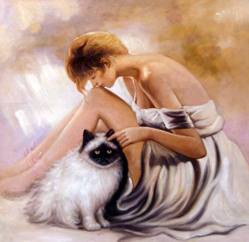 девушка и кот - живопись, животные, девушка, картина, искусство - оригинал