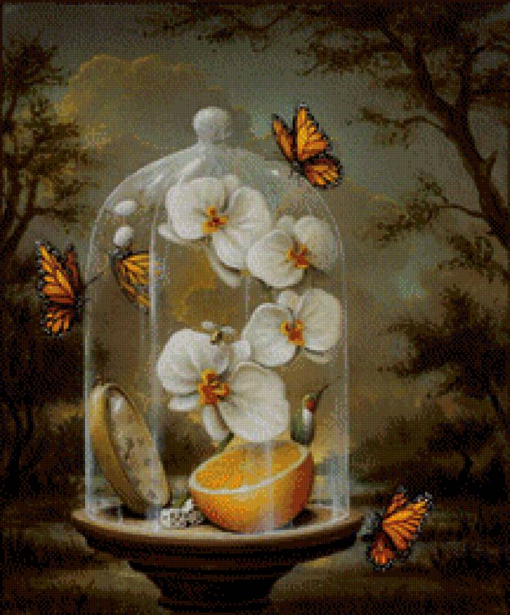 Бабочки и орхидея - картина - предпросмотр