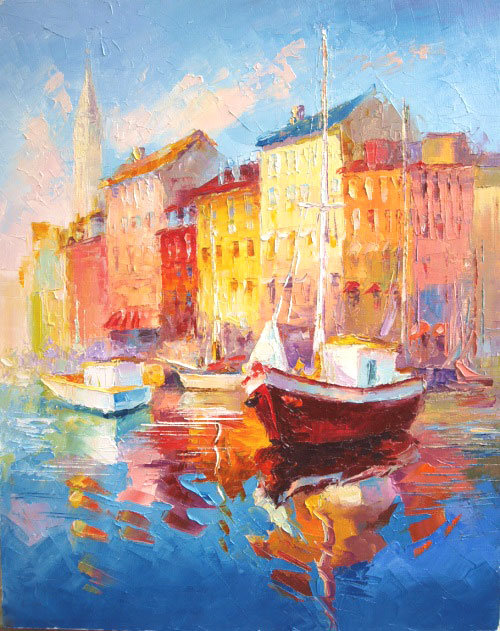 Набережная - лодка картина, вода, живопись, улица, люди, город - оригинал