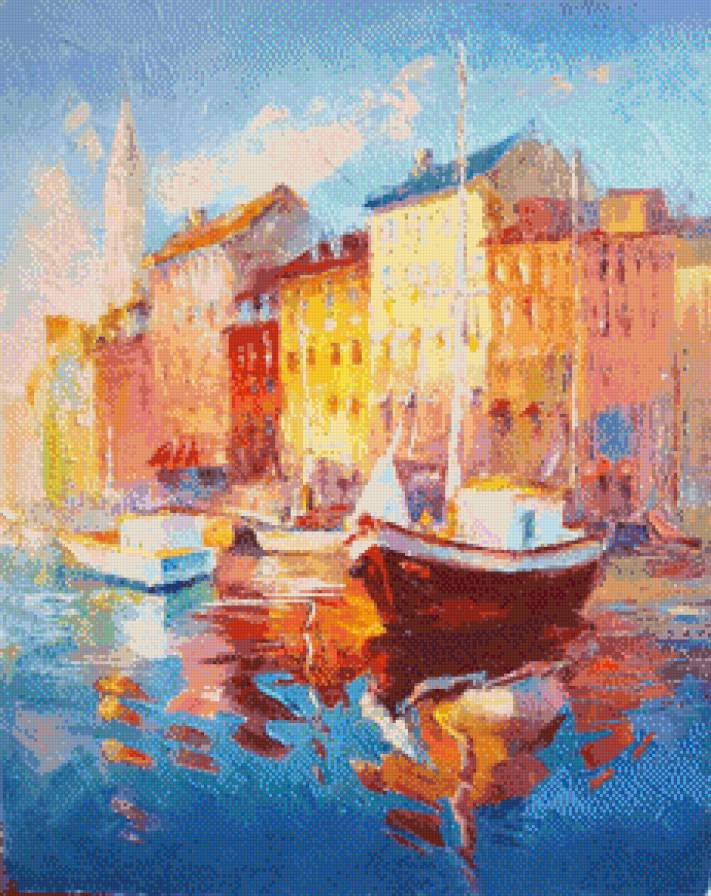 Набережная - живопись, город, вода, люди, улица, лодка картина - предпросмотр