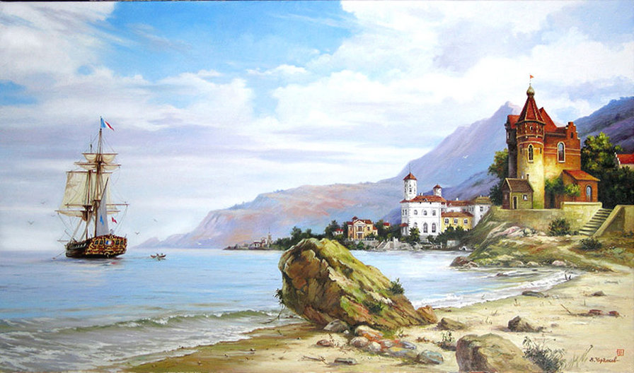 Парусник - море парусник, город, картина, люди, улица, живопись - оригинал