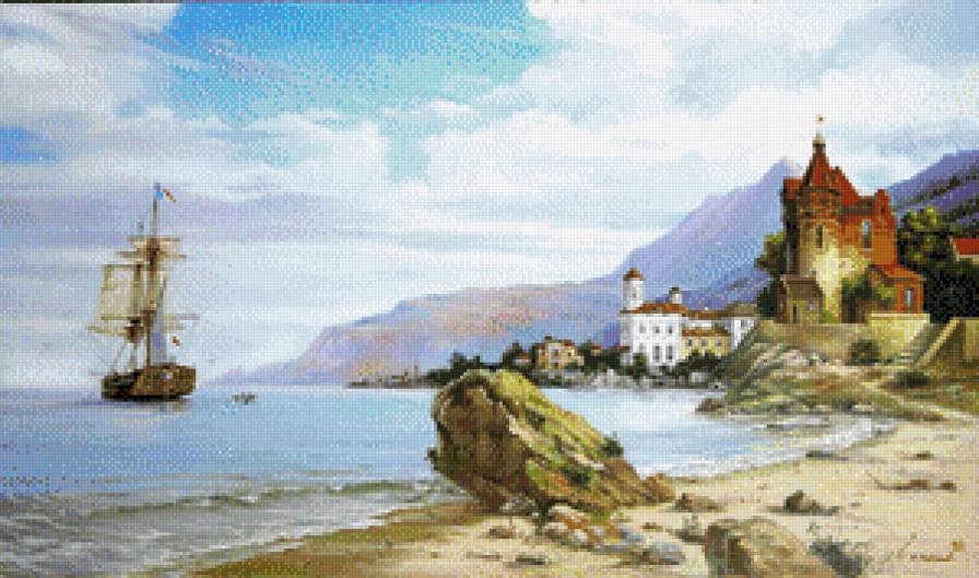 Парусник - живопись, море парусник, люди, картина, улица, город - предпросмотр