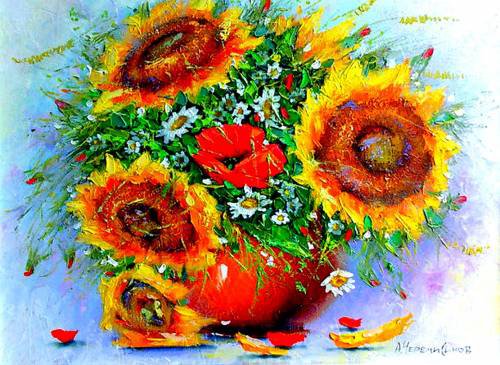 Букет с подсолнухами - картина, цветы, живопись, искусство - оригинал