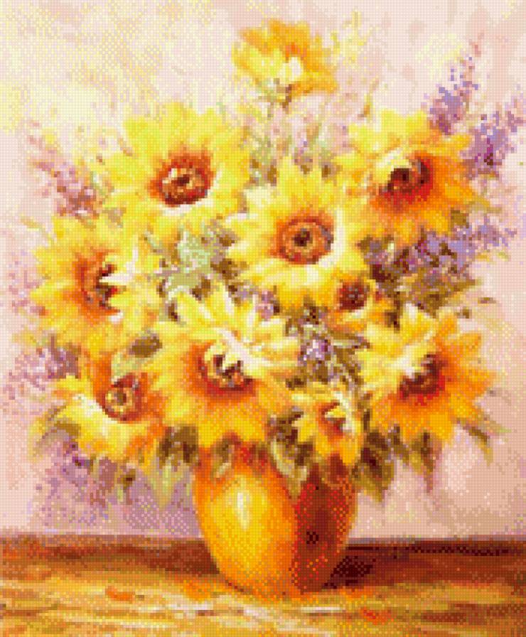 Букет с подсолнухами - живопись, цветы, искусство, картина - предпросмотр